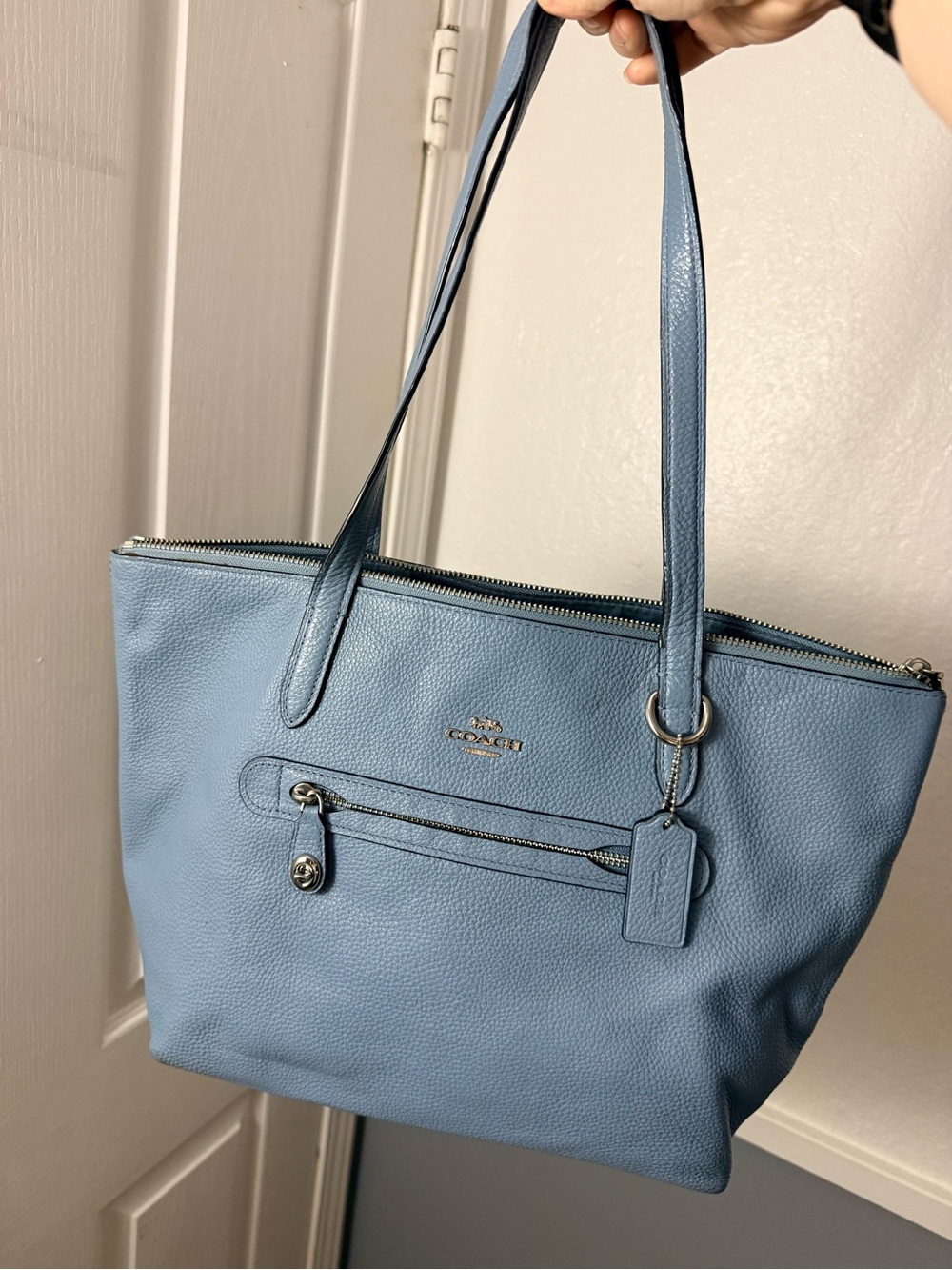 Coach Light Blue Pebbled Leather Tote with Zip Pocket
